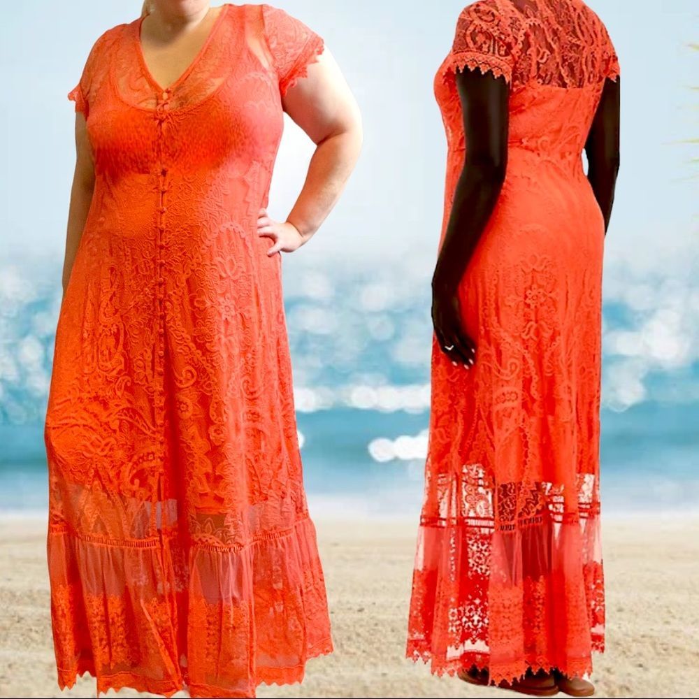 Torrid Lace Coral Button Front Skater Maxi Dress Sizes: 1XL 2XL  3XL NWT - Picture 2 of 16